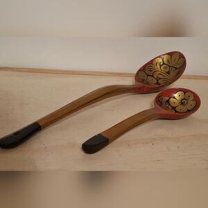 Artisan Red and Gold Floral Wooden Spoons